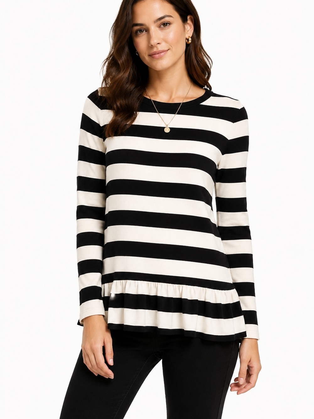 Ann Taylor LOFT Striped Ruffle Hem Cotton Top Black White M coastal nautical